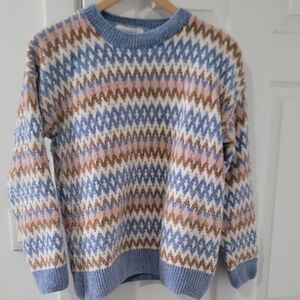Soft Knit Crewneck Sweater in Blue, Pink & Cream